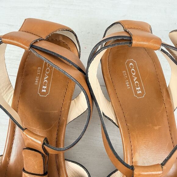 Coach Vivian Leather Thong Sandals Size 11 B Brown Strappy Low Wedge Classic - Picture 10 of 14